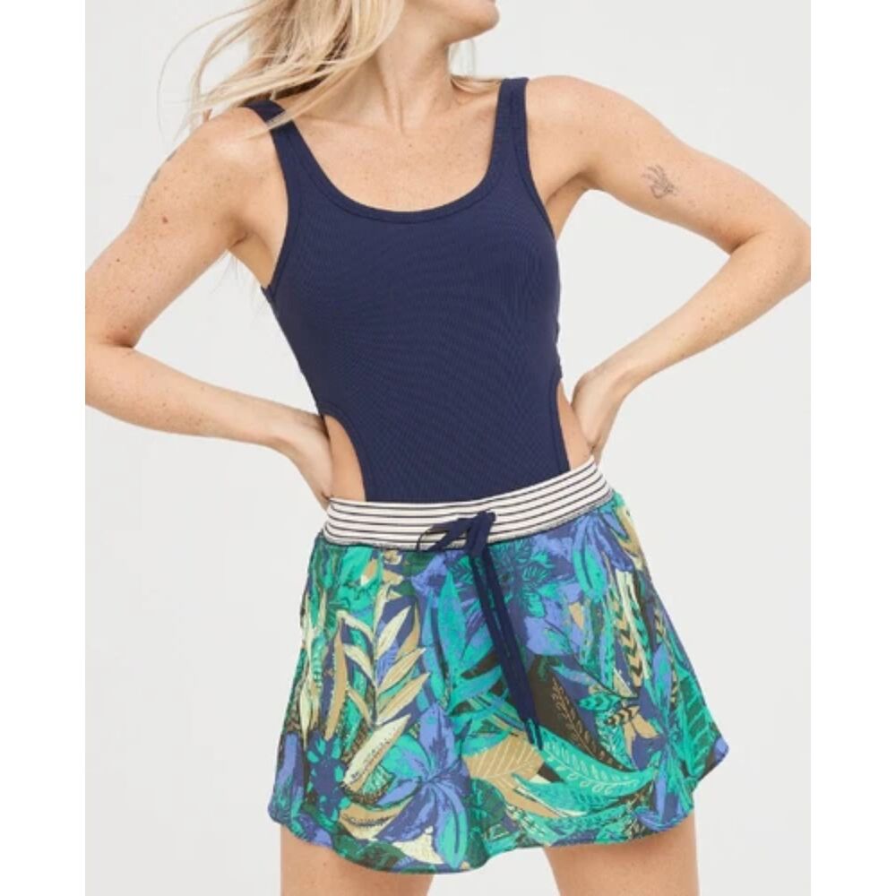OFFLINE Aerie Romper Dress Ribbed Cut Out Navy Tropical Floral Skirt Womens L